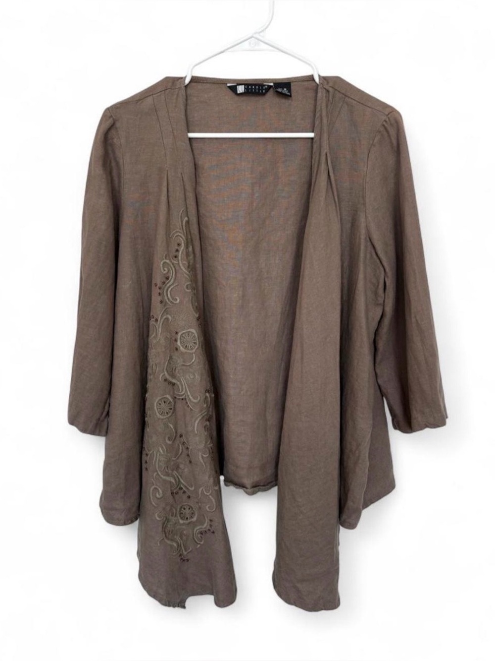 Vintage Carole Little Linen Embroidered Open Front Waterfall Cardigan Medium